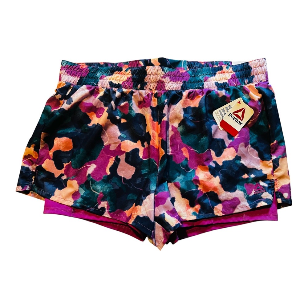 Reebok Womens 3XL 2-in-1 Relaxed Shorts Abstract Camo Magenta Activewear NEW